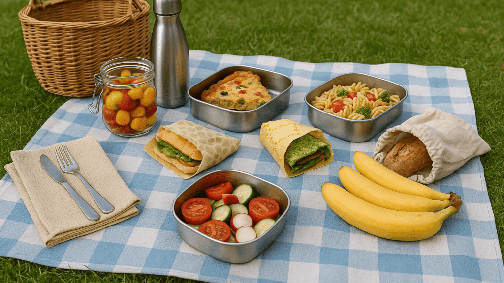 pique nique zéro déchet avec des fruits et des légumes et des emballages réutilisables